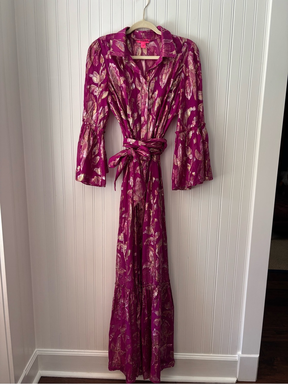 Lilly Pulitzer Fuchsia Metallic Gold Leaf Maxi Dress